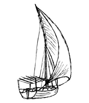recommend clip art: Rough outline black and white vector drawing of a sailing boat. Simple grunge sketch of a fishing ship