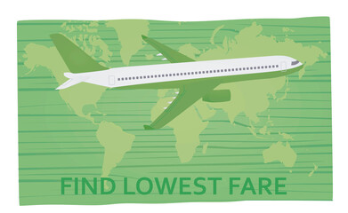 Airplane on world's map. Lowest fare text. vector