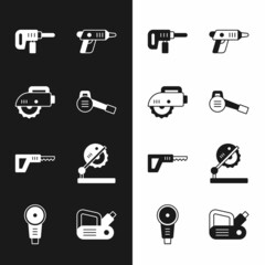 Set Leaf garden blower, Electric circular saw, drill machine, cordless screwdriver, Reciprocating, Table for woodwork, planer tool and Angle grinder icon. Vector