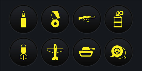 Set Rocket launcher, Hand smoke grenade, Plane, Military tank, Submachine gun, reward medal, Peace and Bullet icon. Vector