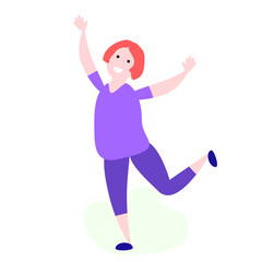 A woman in a tracksuit raised her hands up and rejoices.