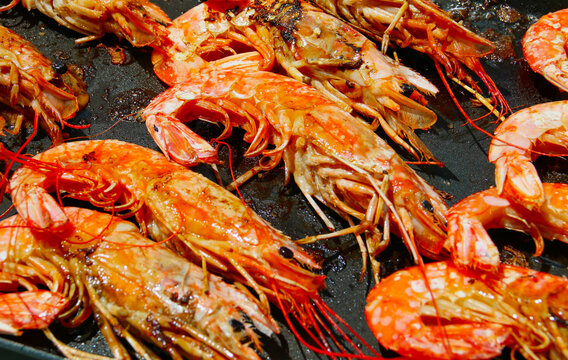 Cocinando deliciosas gambas a la plancha con aceite de oliva. Primer plano de los deliciosos mariscos durante el proceso de cocci&oacute;n.
