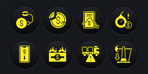 Set Mobile stock trading, Money bomb dollar crisis, Burning bill, Stop delivery cargo truck, Dollar rate decrease, Drop crude oil price and Debt ball chained coin icon. Vector