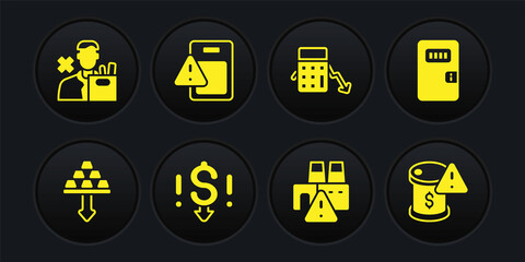 Set Gold bars, Prison cell door, Dollar rate decrease, Shutdown of factory, Calculation expenses, Global economic crisis, Drop in crude oil price and Employee dismissal icon. Vector