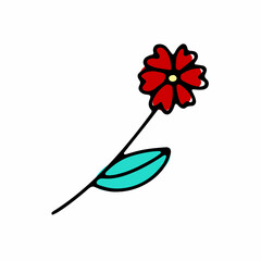 Doodle flower. Hand-drawn red plant isolated on white background. Flower with leaves, petals in the shape of a heart. Vector love illustration for interior, gardening, holiday, Valentines Day, wedding