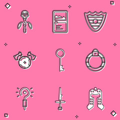 Set Magic staff, Card game collection, Shield, Medieval shield with axe, Old key, stone ring, wand and Dagger icon. Vector