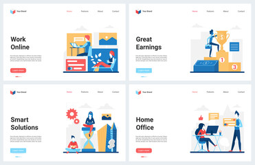 Obraz na płótnie Canvas Work online at home office, freelance professional businessman with laptop vector illustration. Cartoon modern business concept landing page set with money profit, financial income earnings management