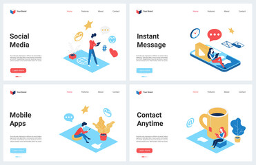 Obraz na płótnie Canvas Isometric social media chat messenger, online communication vector illustration. Cartoon 3d modern concept landing page set for message mobile app with people chatting in speech bubble, using phone