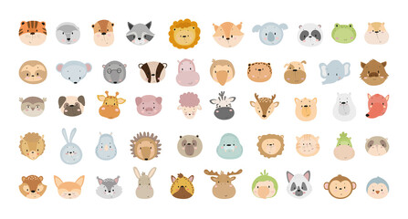 Vector collection of cute cartoon animal faces. Characters for children's books, cards, stickers, prints. Illustrations for kids. © Marina
