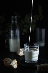 Milk splashes in a glass in low key	