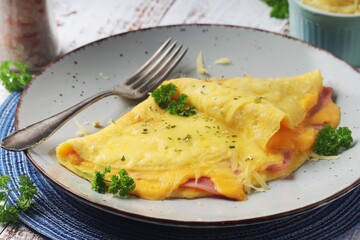 Omelette with ham and cheese on the plate