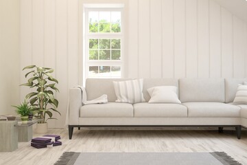 White living room with sofa and summer landscape in window. Scandinavian interior design. 3D illustration