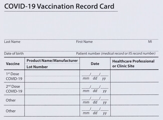 Blank Covid 19 vaccination record card - obrazy, fototapety, plakaty