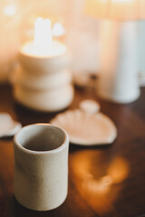ceramic cup on a cozy warm background indoors. 