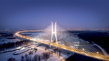 Winter drone photography of Redzinski Bridge over the Odra River in Wroclaw, Poland