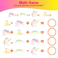 Counting unicorn game for children. Cute unicorn math worksheet. Educational printable math worksheet. Vector illustration in cartoon style.