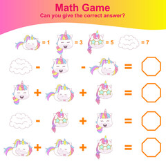Counting unicorn game for children. Cute unicorn math worksheet. Educational printable math worksheet. Vector illustration in cartoon style.