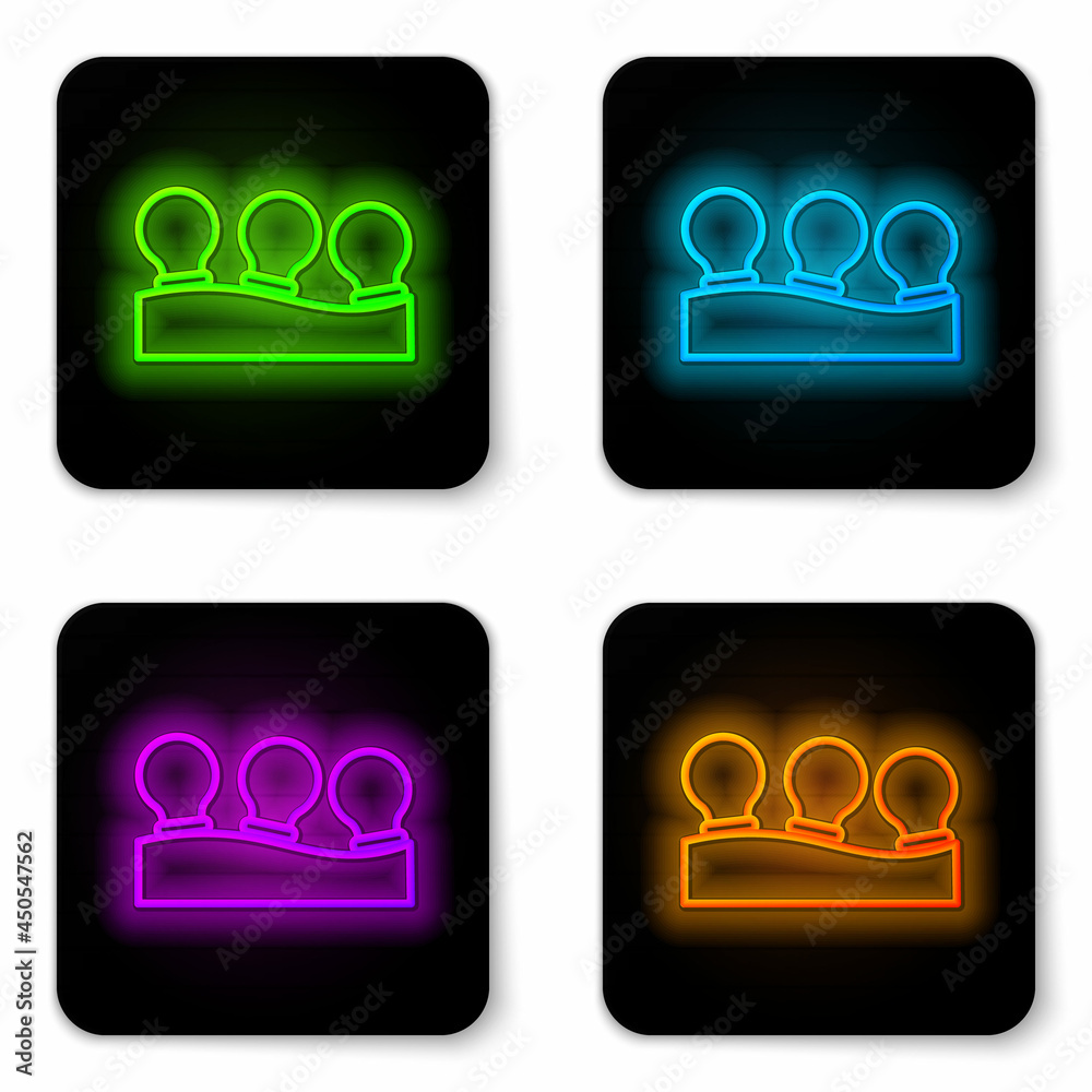 Sticker Glowing neon line Vacuum cans icon isolated on white background. Massage jars for face and body. Medical anticellulite cups. Black square button. Vector