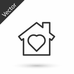 Grey line House with heart inside icon isolated on white background. Love home symbol. Family, real estate and realty. Vector.