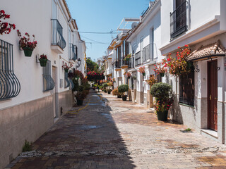 Narrow street with floral decoration, typical of the Andalusian villages in Spain