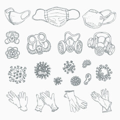 Set of different icons of coronavirus infection, testing and prevention.