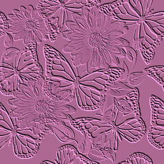 Embossed 3d flowers and butterflies seamless pattern. Vector violet emboss textured background. Grunge repeat backdrop. Surface relief floral 3d ornament with embossing effect. Ornate Flowers, leaves