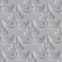 Embossed 3d Baroque seamless pattern. Floral emboss background. Textured grey backdrop. Surface grunge relief 3d antique ornament with embossing effect. Vintage Baroque Victorian style flowers