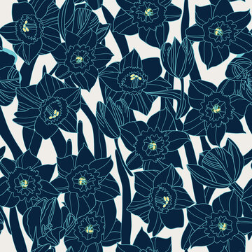 seamless pattern with daffodile and tulips