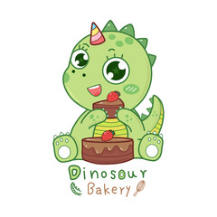 Cute dinosaur chef with bakery logo.