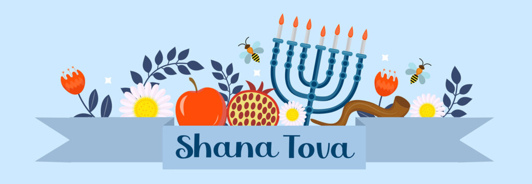 Happy Rosh Hashanah banner. Shana Tova template for your design with traditional symbols and flowers. Jewish holiday. Happy New Year in Israel. Vector illustration