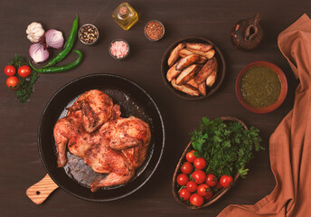 Fried Tobacco chicken, top view, no people, selective focus, Georgian dish, toned,