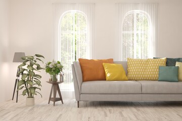 White living room with sofa. Scandinavian interior design. 3D illustration