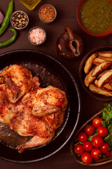 Fried Tobacco chicken, top view, no people, selective focus, Georgian dish, toned,