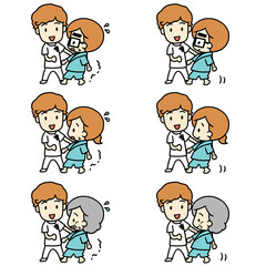 Illustration of walking rehabilitation with a physiotherapist