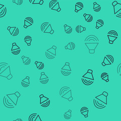 Black line Speaker volume, audio voice sound symbol, media music icon isolated seamless pattern on green background. Vector