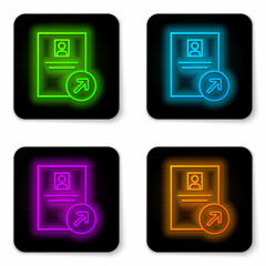 Glowing neon line Job promotion icon isolated on white background. Success, achievement, motivation business symbol, growth. Black square button. Vector