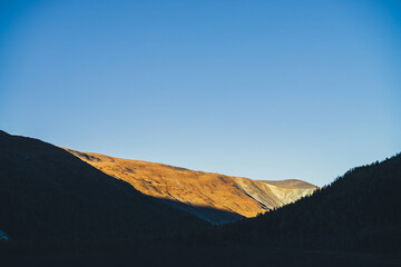 Naklejka premium Autumn landscape with dark silhouettes of mountains and vivid beautiful orange mountain top in golden sunlight. Vivid alpine scenery with mountain silhouettes and sunlit gold hill top in autumn colors