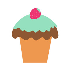 Delicious cupcake with green icing decorated with strawberries on an isolated background. Dessert baking. Tea time. Design elements. Unhealthy food. Flat illustration.