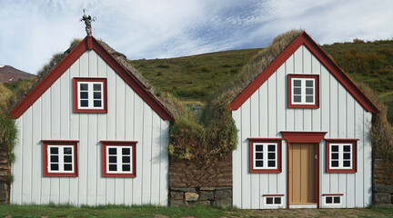 country houses with grass on the roof, Laufas old farmhouse, Akureyri, Iceland