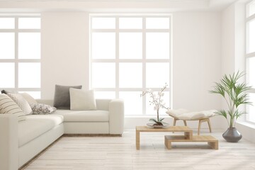 White living room with sofa. Scandinavian interior design. 3D illustration