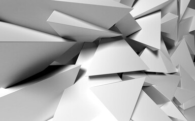 Obraz premium Abstract background with white 3D shapes flying in the light as a messy array or chaotic structure for any pastel backdrop. 3D illustration.