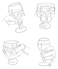 Collection. Silhouette of a man's hand with a glass of wine in a modern one line style. Continuous line drawing, aesthetic outline for home decor, posters, wall art, stickers, logo. Vector illustratio