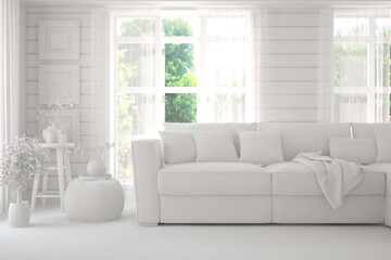 Mock up of stylish room in white color with sofa and green landscape in window. Scandinavian interior design. 3D illustration