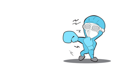 Doctor wearing medical mask and protection suit as superhero. Fighting with Coronavirus disease (COVID-19) outbreak.