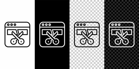 Set line Video recorder or editor software on laptop icon isolated on black and white, transparent background. Video editing on a laptop. Vector