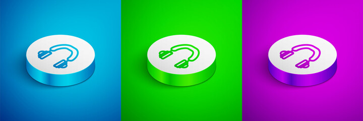 Isometric line Headphones icon isolated on blue, green and purple background. Earphones. Concept for listening to music, service, communication and operator. White circle button. Vector
