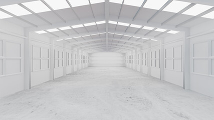 White warehouse background with a concrete floor in perspective view. 3D illustration rendering.