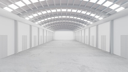 White warehouse background with a concrete floor in perspective view. 3D illustration rendering.