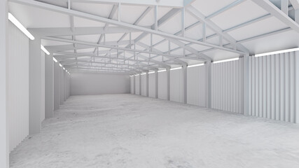 White warehouse background with a concrete floor in perspective view. 3D illustration rendering.
