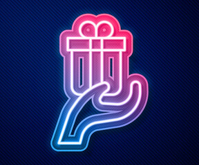 Glowing neon line Give gift icon isolated on blue background. Gift in hand. The concept of giving and receiving a gift. Vector
